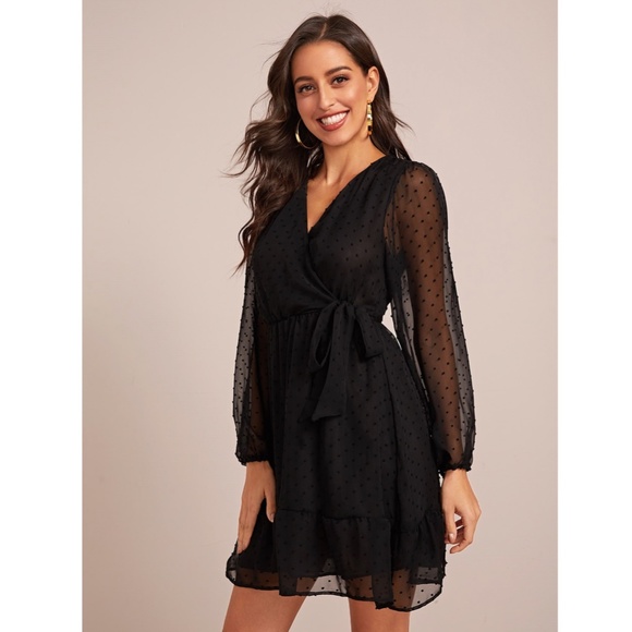 Swiss Dot Black Mini Sheer Dress Tie Side - Picture 4 of 8